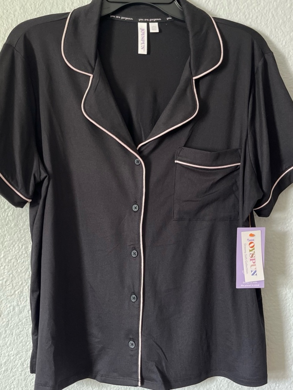 Jos. A. Bank Black Short-Sleeve Pajama Top with Pink Piping Trim